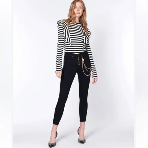 Veronica Beard Tops - Veronica Beard Dawson Striped Ruffle Long Sleeve Knit Top Black & White Size M